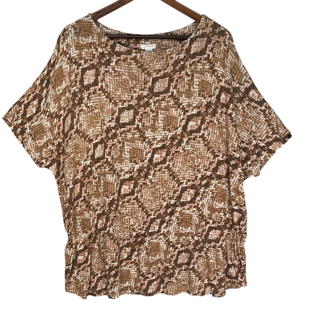 Chico's Top Women Size XL Brown Animal‎ Print Short Sleeve 100% Rayon